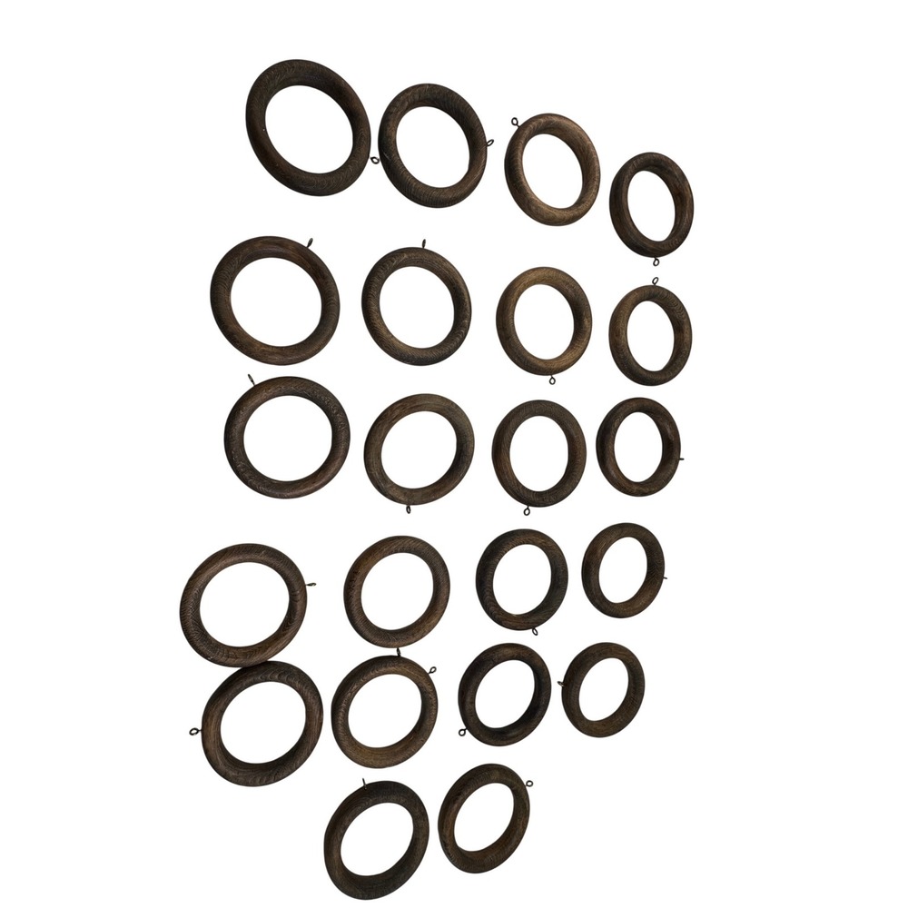 Vintage Dark Brown Wood Curtain Rings with Eyelets Set of 22 Rustic Decor 4.5in